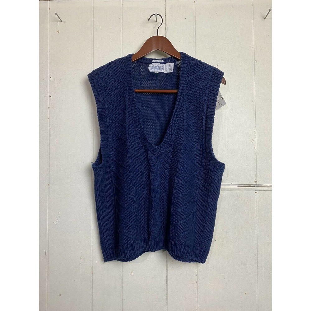 Vintage Perry Ellis Sweater Vest Cable Knit V Blue XL Retro Preppy Hand Knit